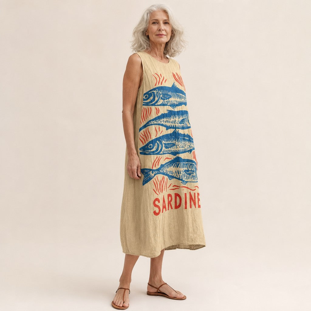Iris | Sardine Print Sleeveless Midi Dress