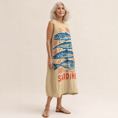 Iris | Sardine Print Sleeveless Midi Dress