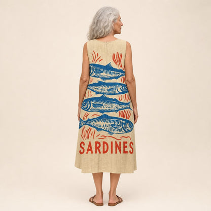 Iris | Sardine Print Sleeveless Midi Dress