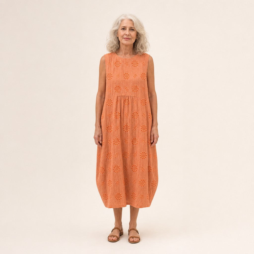 Kitty | Orange Textured Sleeveless Midi Dress