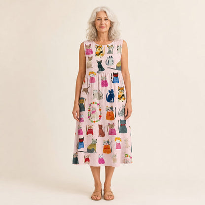 Marjorie | Pink Cat Print Sleeveless Midi Dress