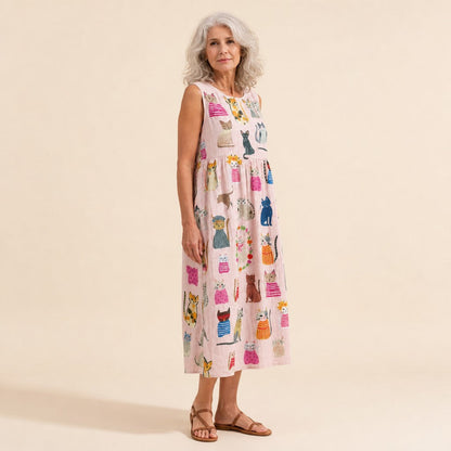 Marjorie | Pink Cat Print Sleeveless Midi Dress