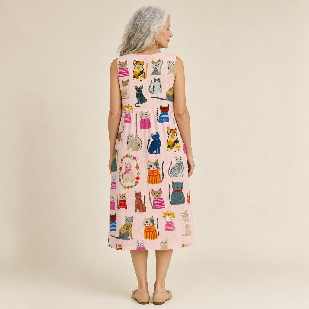 Marjorie | Pink Cat Print Sleeveless Midi Dress