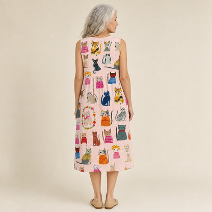 Marjorie | Pink Cat Print Sleeveless Midi Dress
