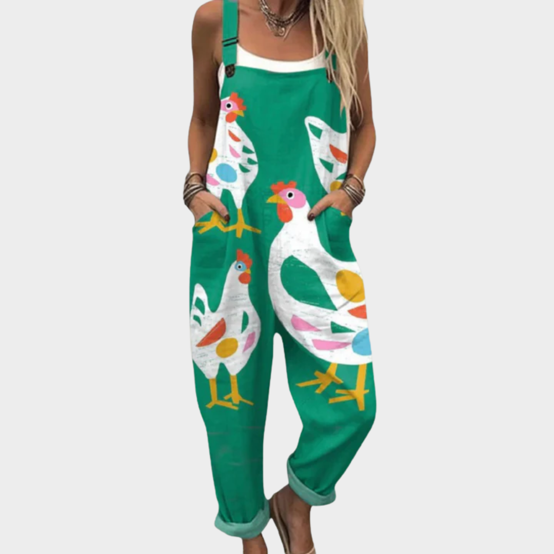 Rebecca | Emerald Hen Print Dungarees
