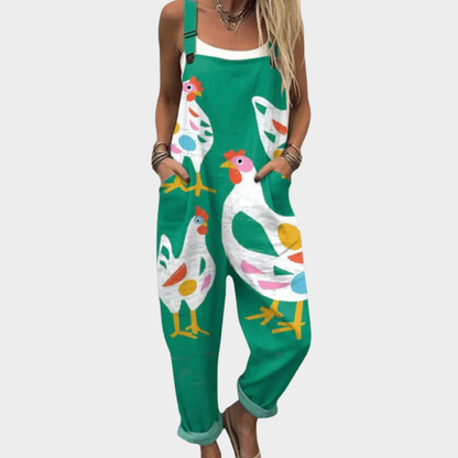 Rebecca | Emerald Hen Print Dungarees
