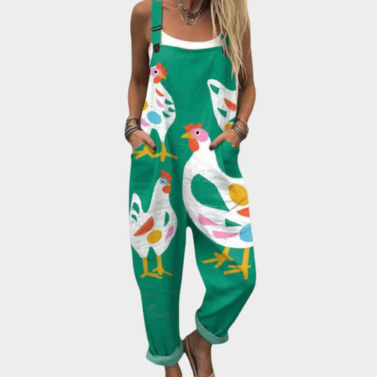 Rebecca | Emerald Hen Print Dungarees