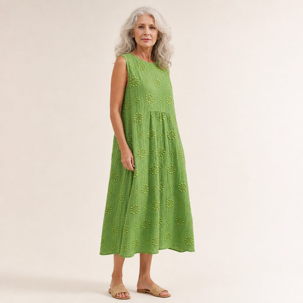 Imelda | Green Textured Sleeveless Midi Dress