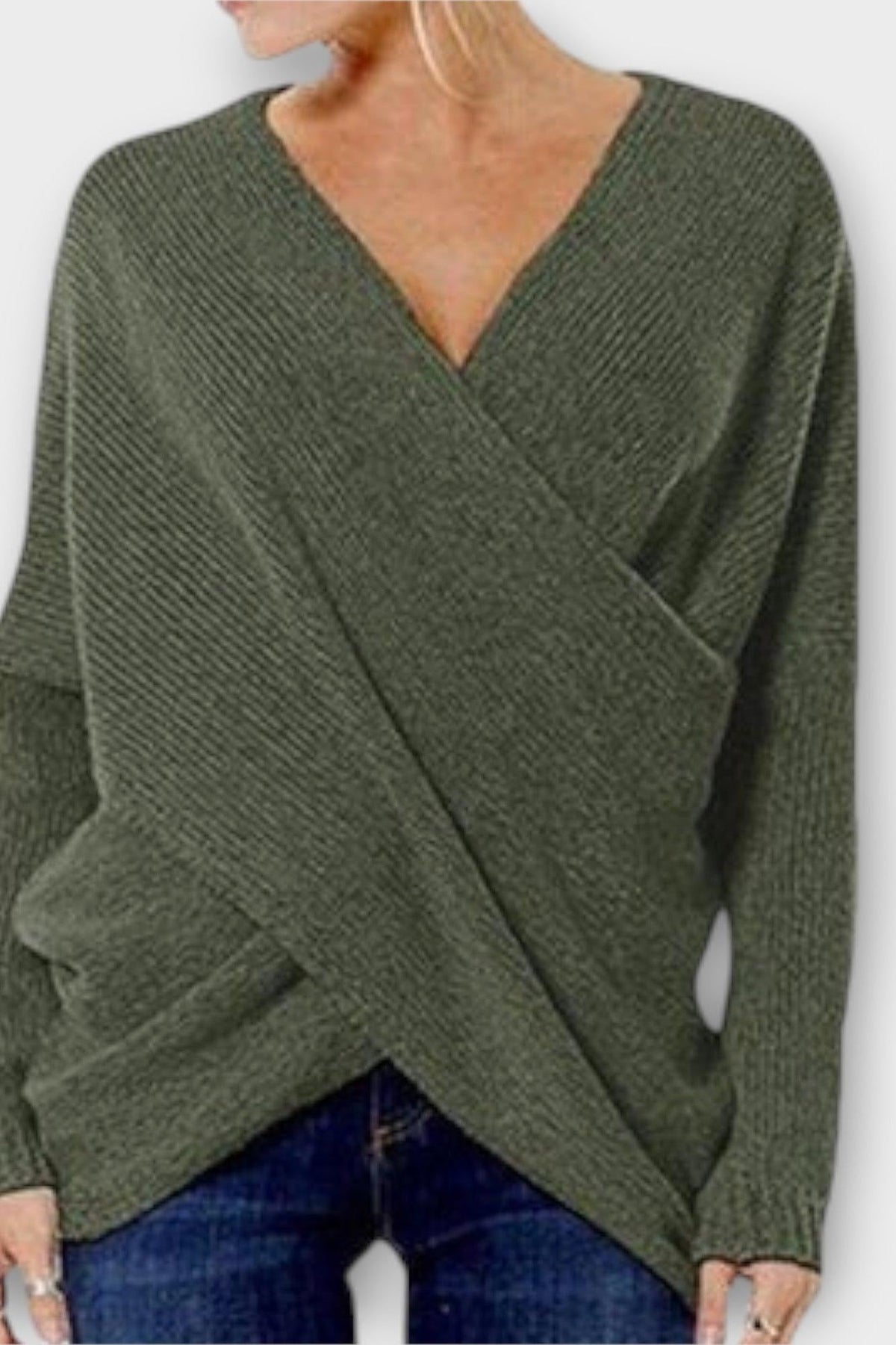 Olivia | Olive Wrap-Front V-Neck Jumper