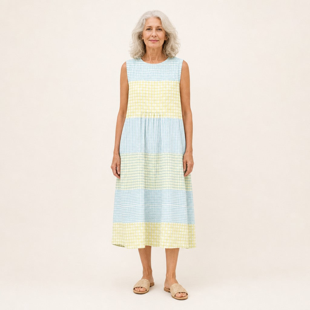 Stephanie | Blue & Yellow Check Sleeveless Midi Dress