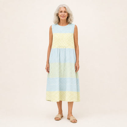 Stephanie | Blue & Yellow Check Sleeveless Midi Dress
