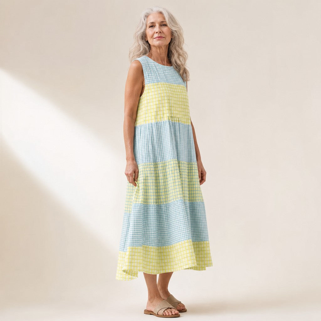 Stephanie | Blue & Yellow Check Sleeveless Midi Dress