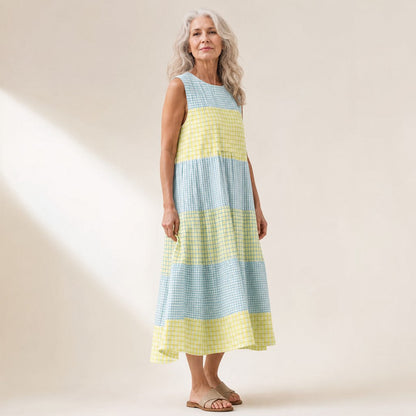Stephanie | Blue & Yellow Check Sleeveless Midi Dress