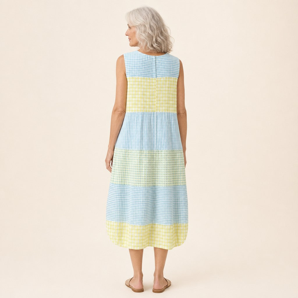 Stephanie | Blue & Yellow Check Sleeveless Midi Dress