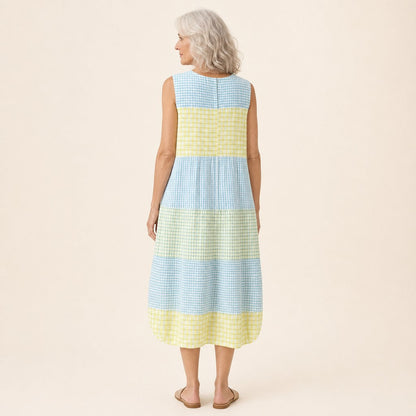 Stephanie | Blue & Yellow Check Sleeveless Midi Dress