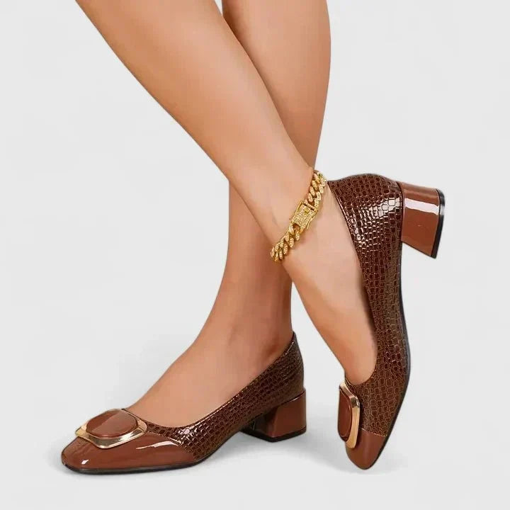 Una | Black Croc-Effect Block-Heel Loafers