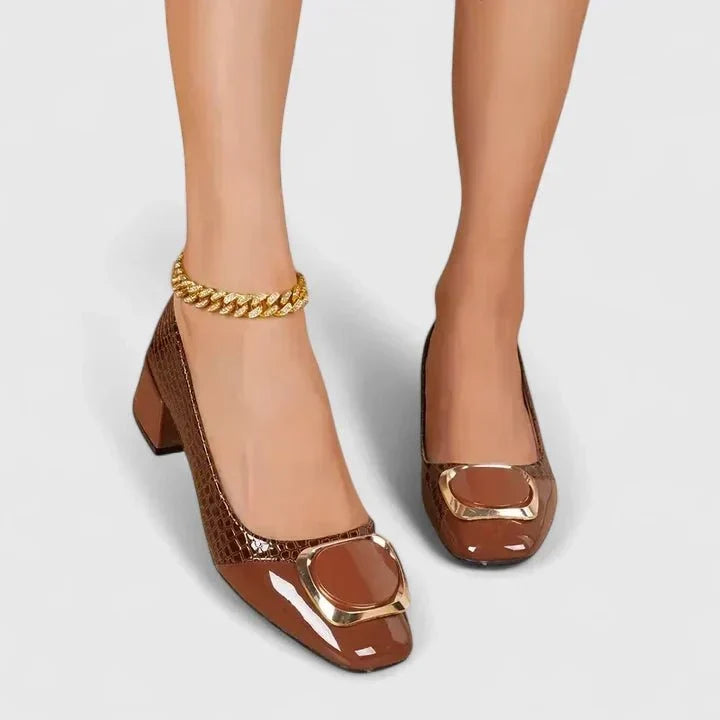 Una | Black Croc-Effect Block-Heel Loafers
