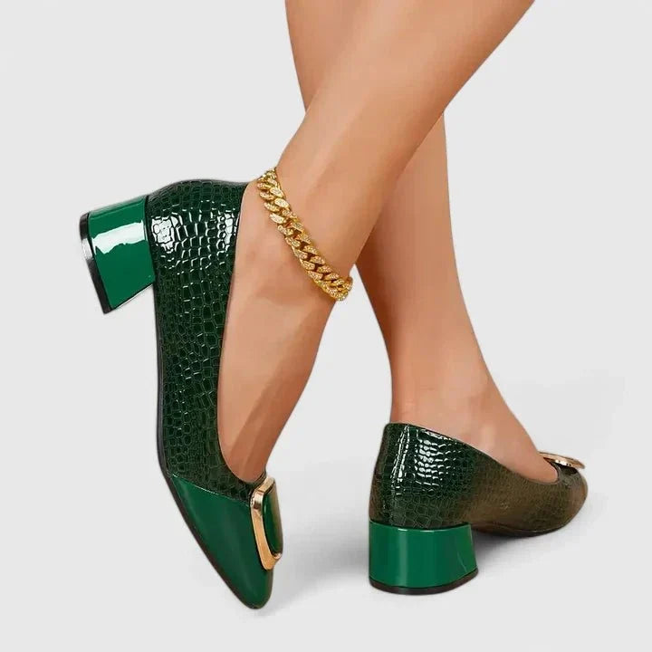 Una | Black Croc-Effect Block-Heel Loafers
