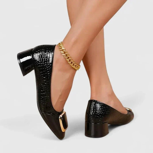Una | Black Croc-Effect Block-Heel Loafers
