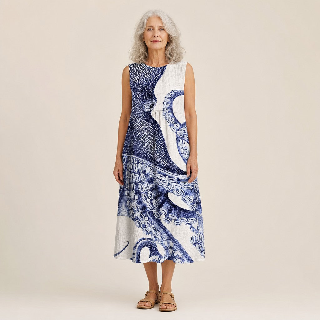 Yolanda | Blue Octopus Print Sleeveless Midi Dress
