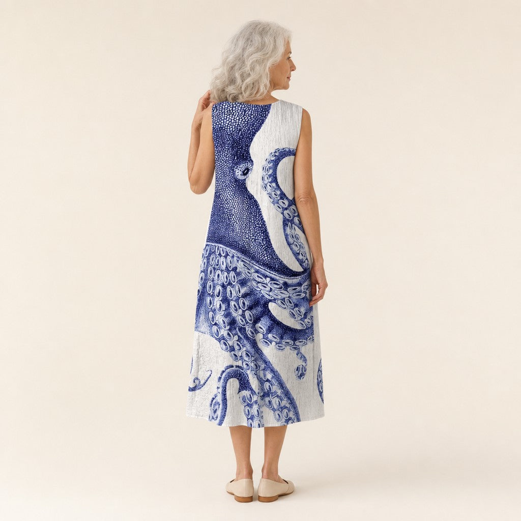 Yolanda | Blue Octopus Print Sleeveless Midi Dress