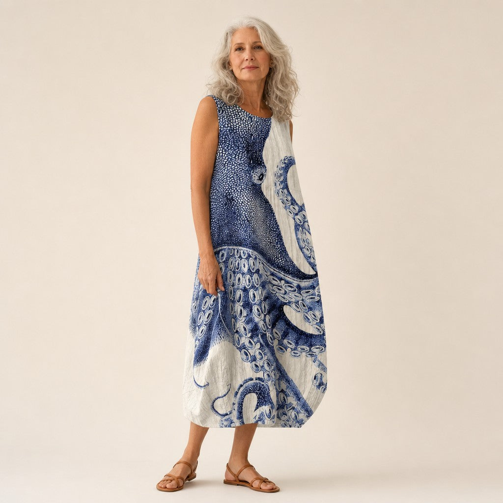Yolanda | Blue Octopus Print Sleeveless Midi Dress