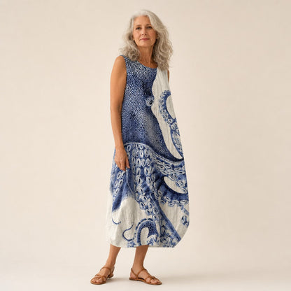 Yolanda | Blue Octopus Print Sleeveless Midi Dress