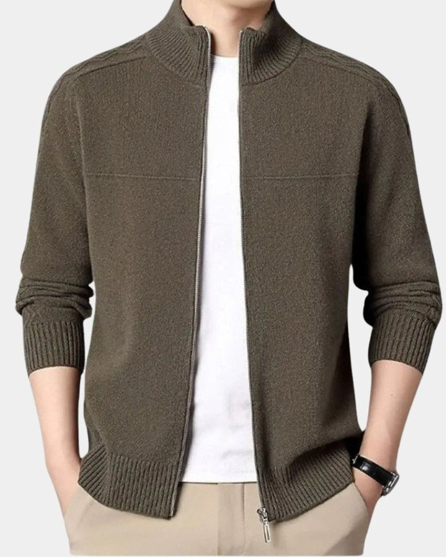 Oscar | Olive Zip-Front Knit Cardigan