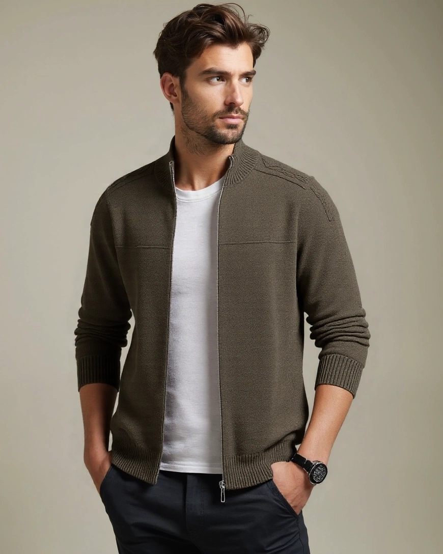 Oscar | Olive Zip-Front Knit Cardigan