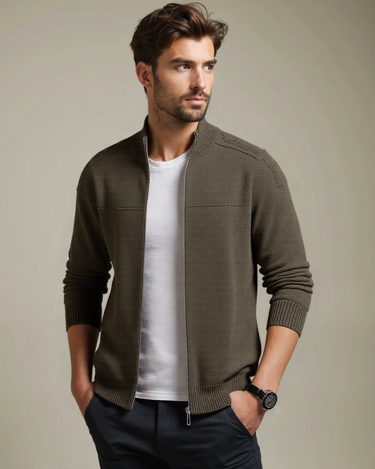 Oscar | Olive Zip-Front Knit Cardigan