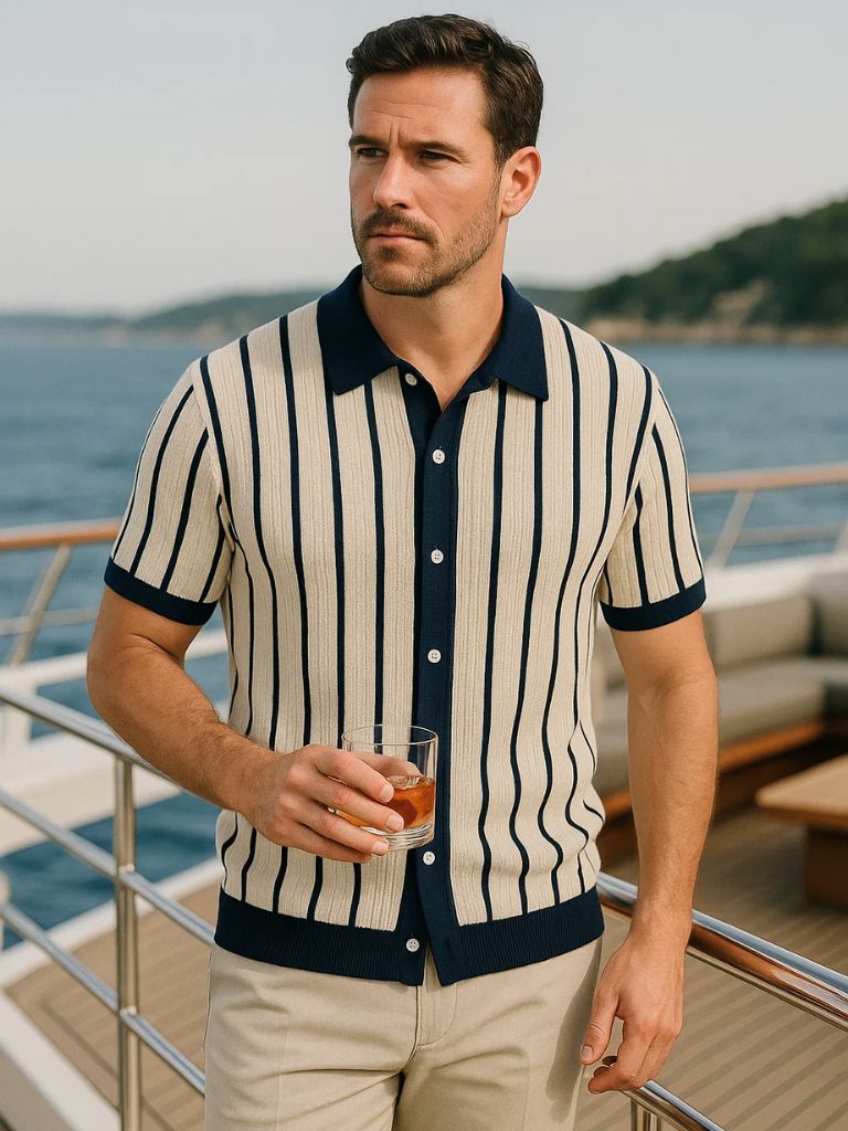 Preston | Striped Button-Front Knit Polo