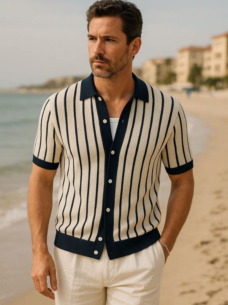 Preston | Striped Button-Front Knit Polo