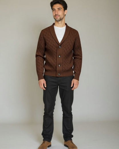 Patrick | Brown Cable-Knit Shawl Cardigan