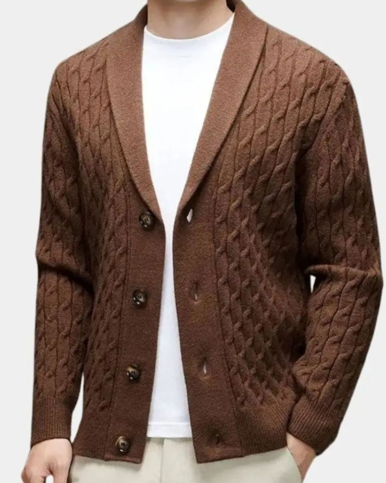 Patrick | Brown Cable-Knit Shawl Cardigan