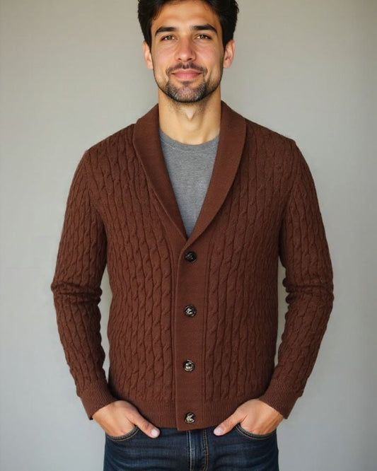 Patrick | Brown Cable-Knit Shawl Cardigan