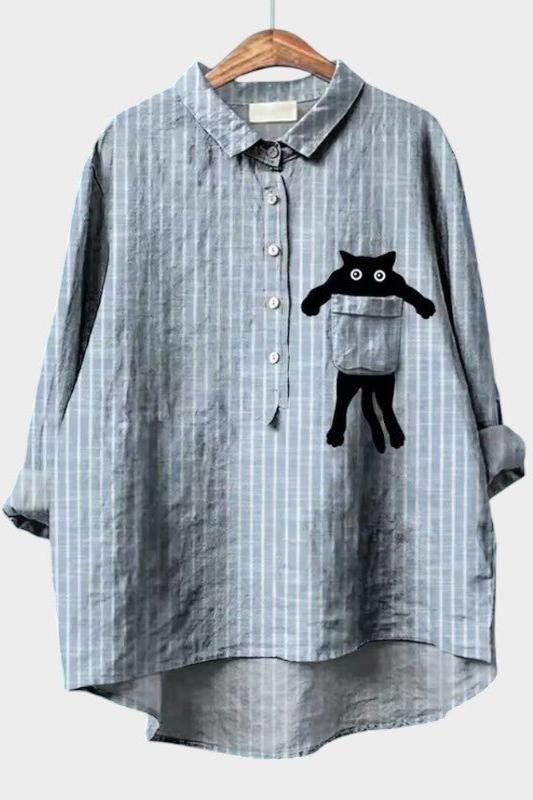 Penny | Grey Stripe Cat Pocket Shirt