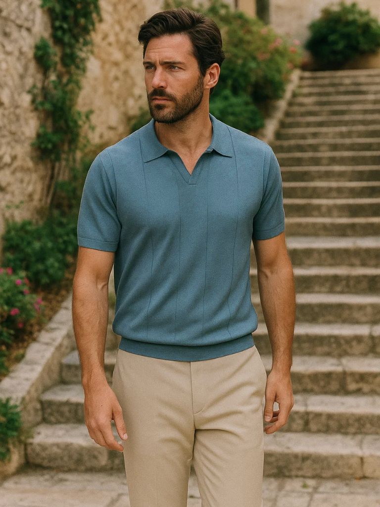 Peter | Blue Textured Open-Collar Polo