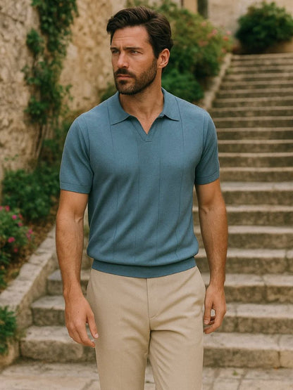 Peter | Blue Textured Open-Collar Polo