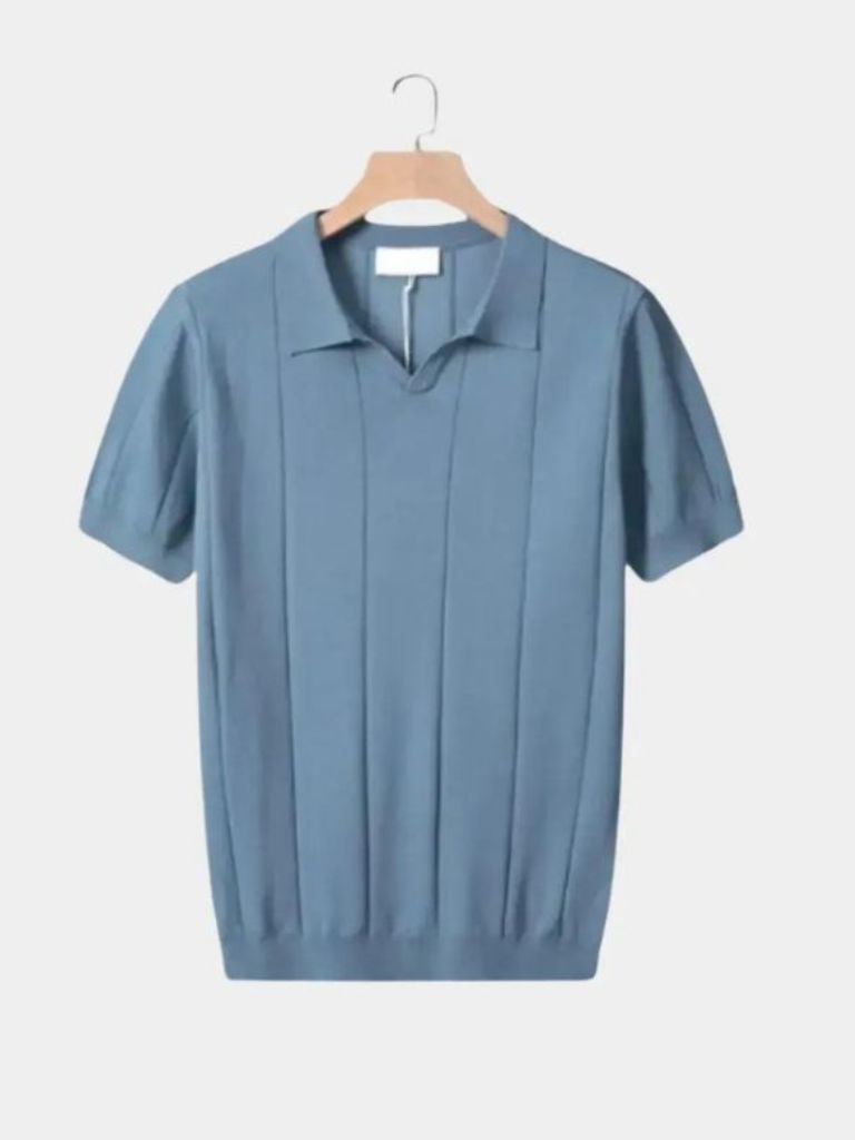 Peter | Blue Textured Open-Collar Polo