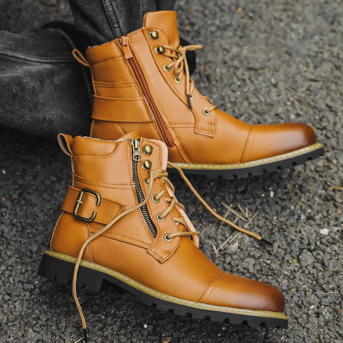 Fergus | Black Buckle Lace-Up Boots