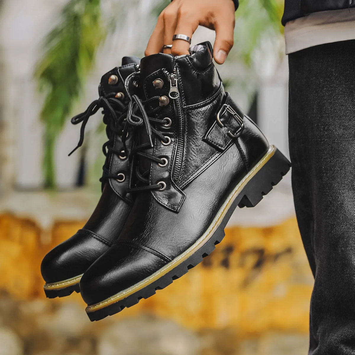 Fergus | Black Buckle Lace-Up Boots