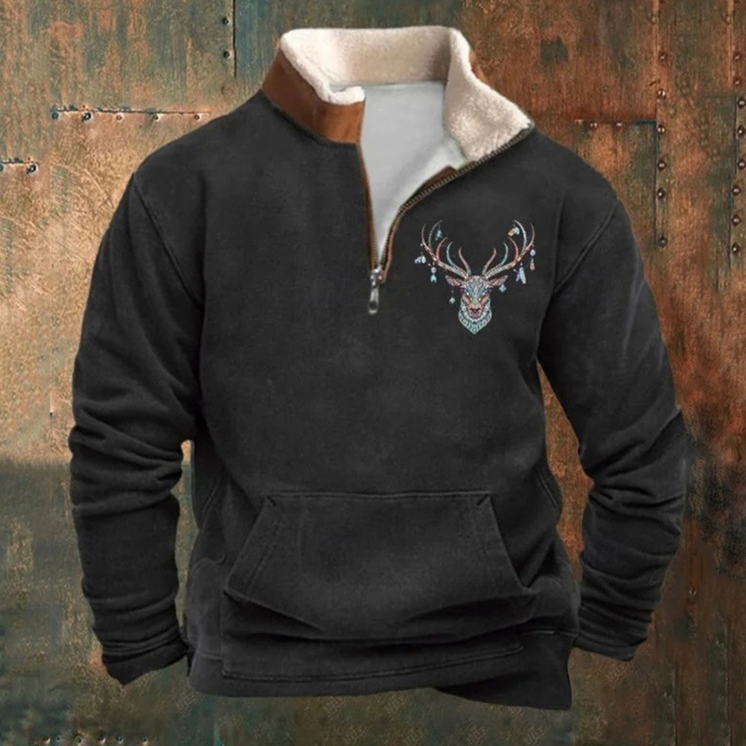 Peter | Olive Deer-Motif Half-Zip Sweatshirt