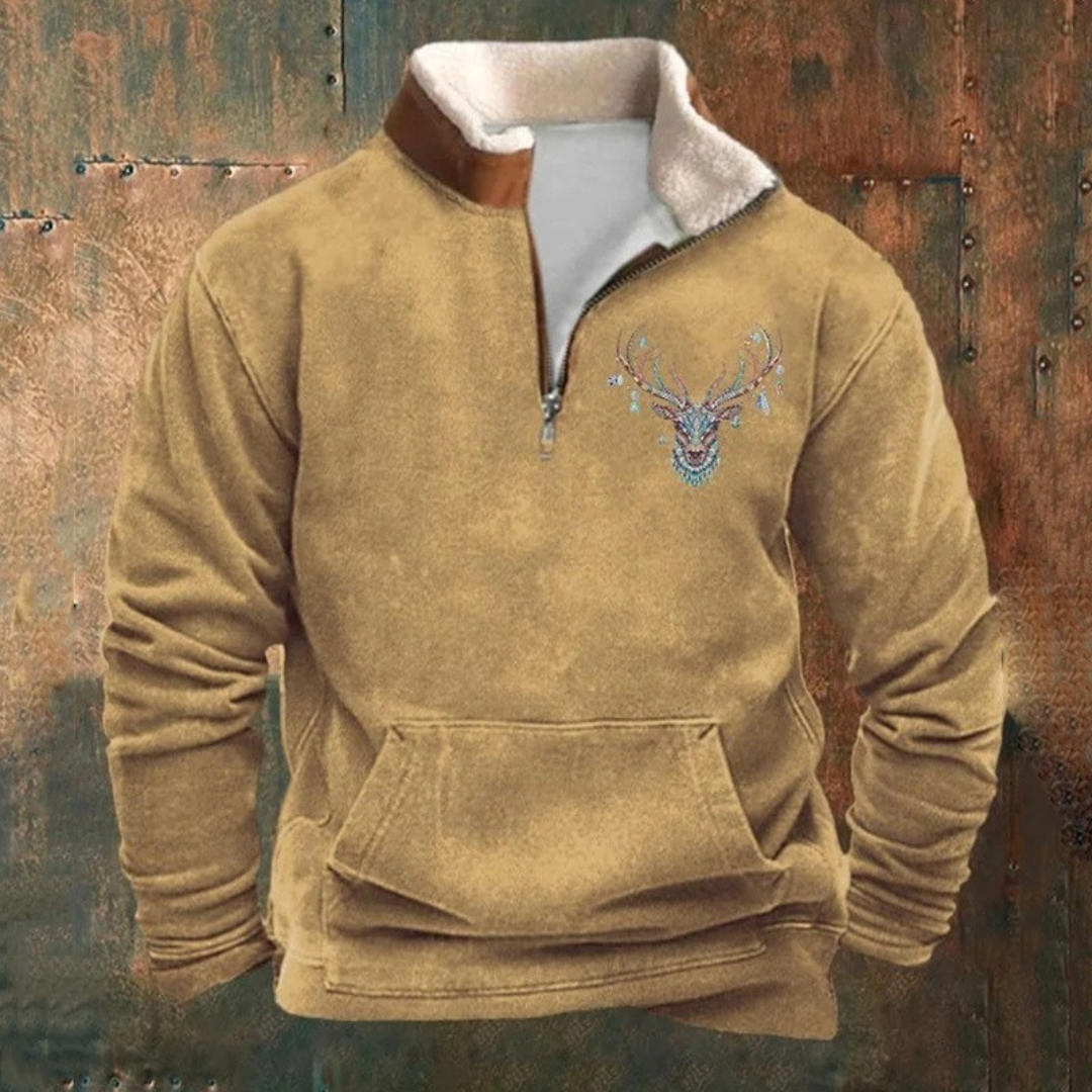 Peter | Olive Deer-Motif Half-Zip Sweatshirt