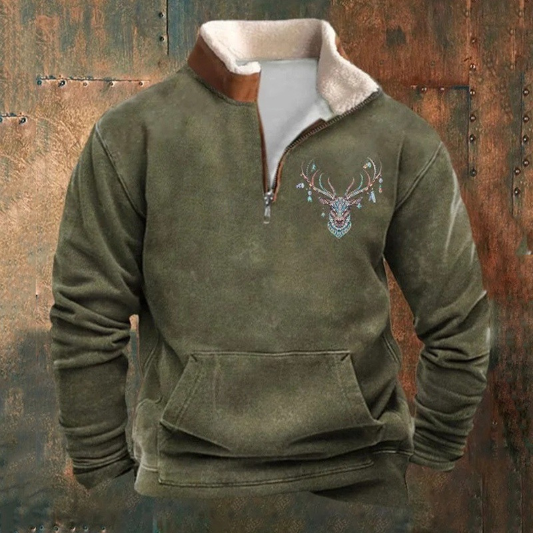 Peter | Olive Deer-Motif Half-Zip Sweatshirt
