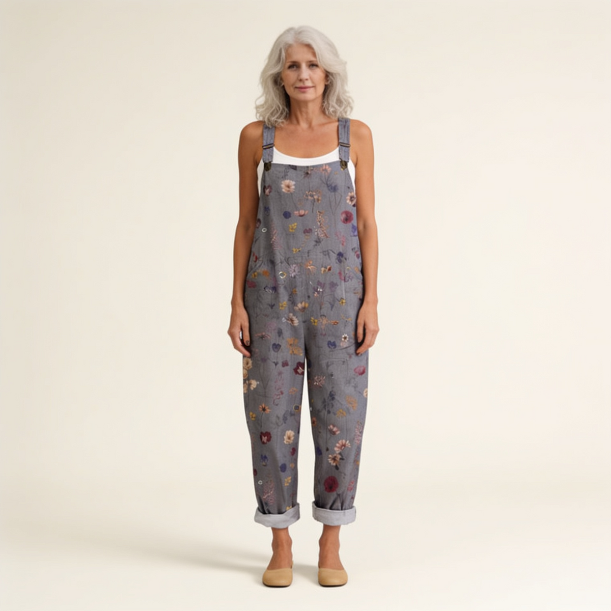 Caroline | Grey Ditsy Floral Dungarees