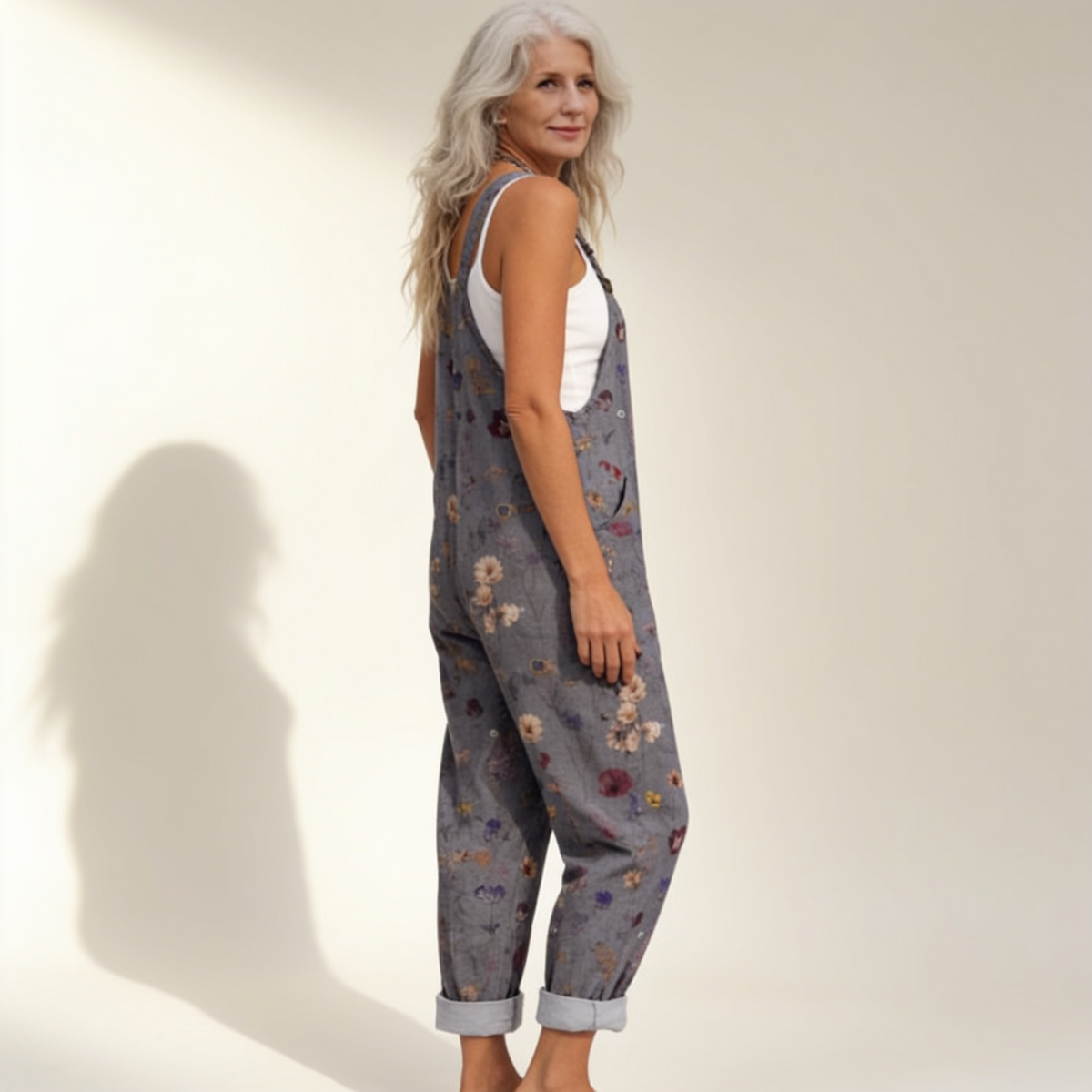 Caroline | Grey Ditsy Floral Dungarees