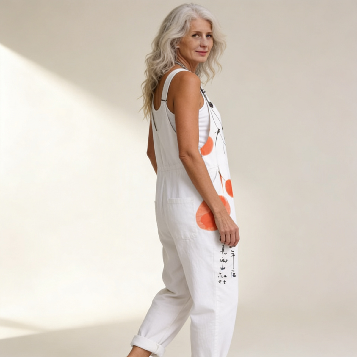 Doris | Ivory & Coral Abstract Dungarees