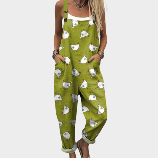 Sabina | Green Mini Hen Print Dungarees