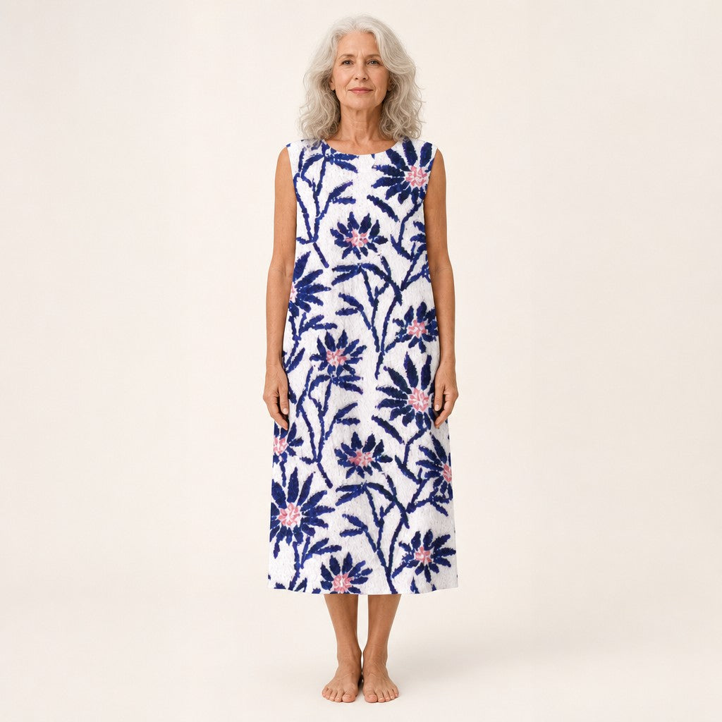 Unity | White & Navy Floral Sleeveless Midi Dress