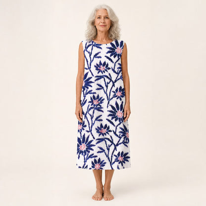 Unity | White & Navy Floral Sleeveless Midi Dress